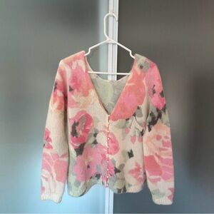 Sezane Floral Pink and Cream Women's Sweater S